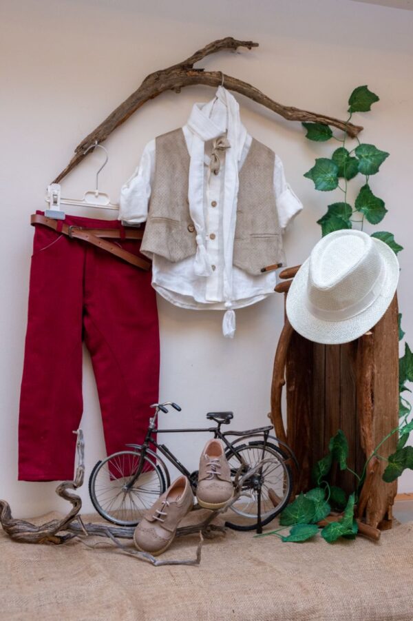 Elegant and modern christening set Baby Bloom from 100% Linen (master of European linen) burgundy pants