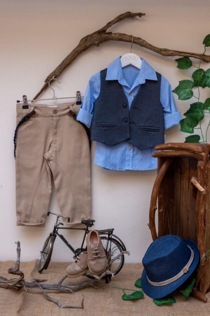 Elegant and modern christening set Baby Bloom from fabric brown pants