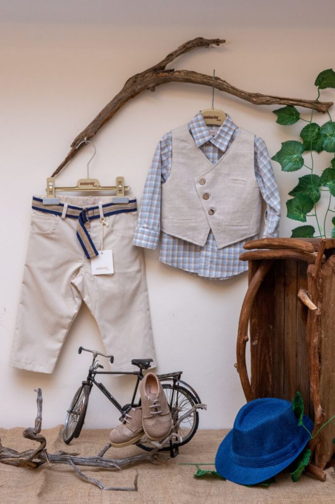 Elegant and modern christening set Aslanis Baby from beige fabric pants