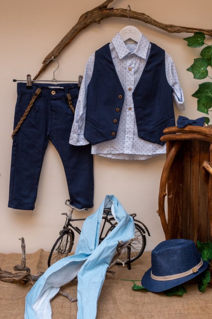 Elegant and modern christening set made of blue fabric pants