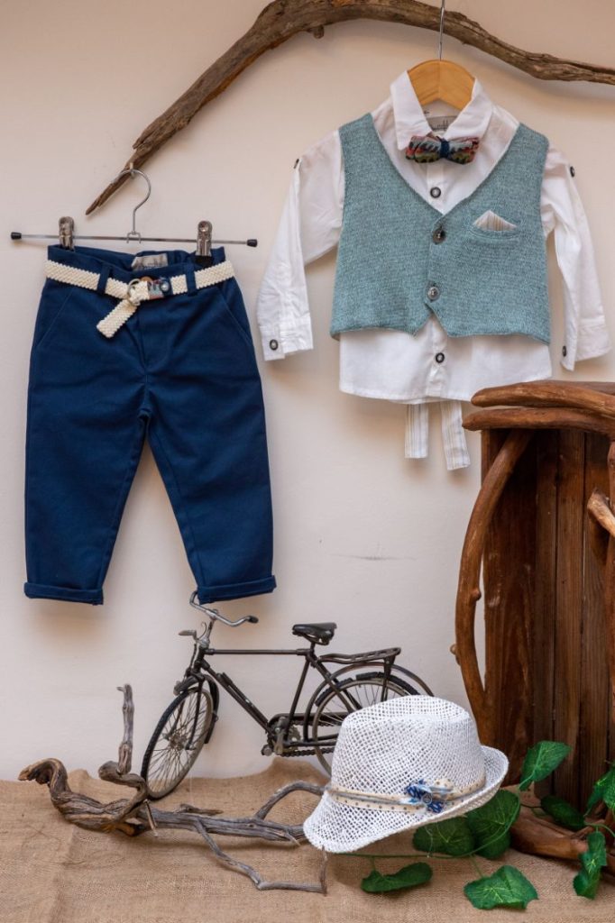Elegant and modern christening set Byerofili from blue pants