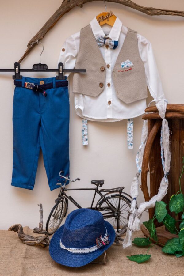 Elegant and modern christening set Byerofili from blue pants