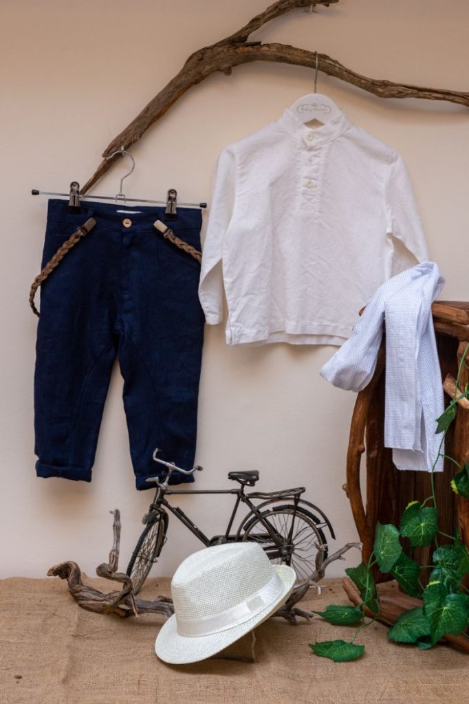 Elegant and modern christening set Baby Bloom from 100% Linen (master of European linen) from blue pants