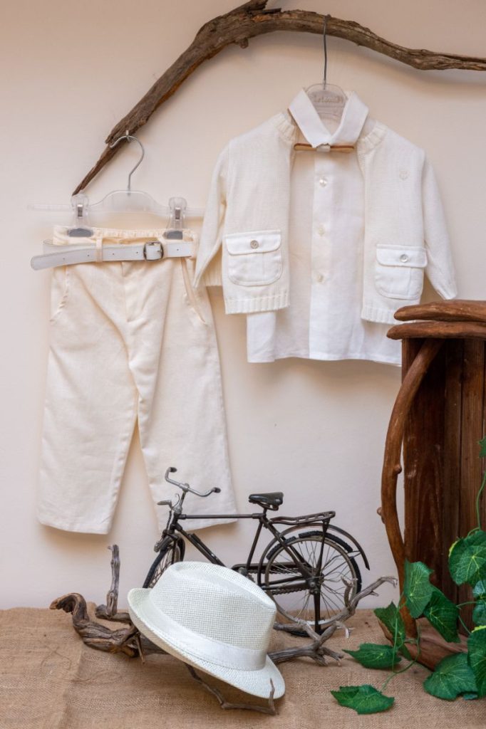 Elegant and modern christening set from off-white pants