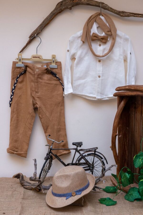 Κομψό και μοντέρνο βαπτιστικό σύνολο Baby Bloom από 100% Λινό (master of European linen) καφέ παντελόνι