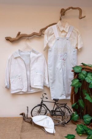 Elegant and modern christening set of blue overalls