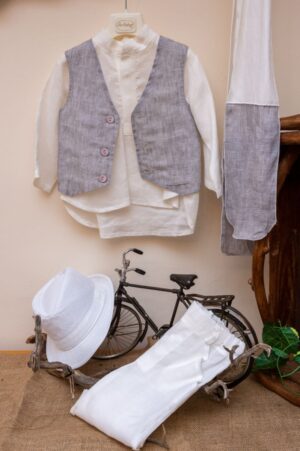 Elegant and modern christening set Aslanis Baby from 100% Linen (master of European linen) white pants