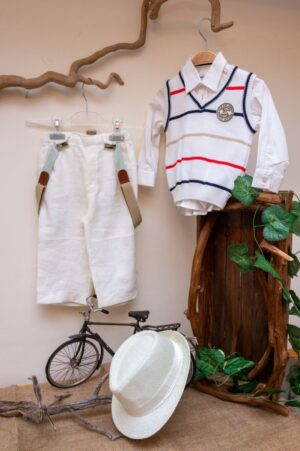 Elegant and modern christening set from 100% Linen (master of European linen) white pants