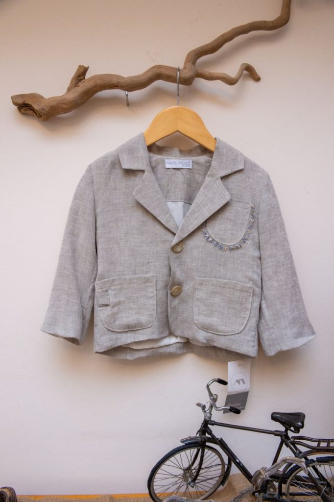 Elegant and modern Makis Tselios baby jacket from 100% Linen (master of European linen) in beige color. • Washing in the washing machine (30 * C)