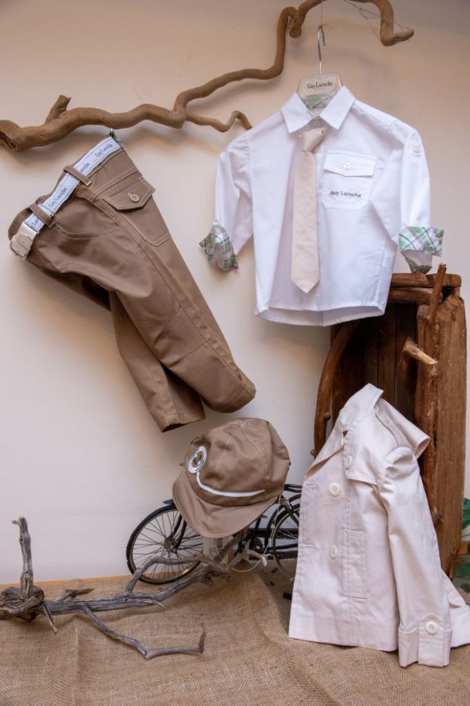 Elegant and modern christening set GuyLaroche from brown pants