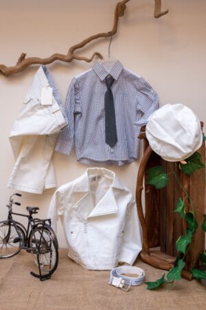 Elegant and modern christening set GuyLaroche from white pants