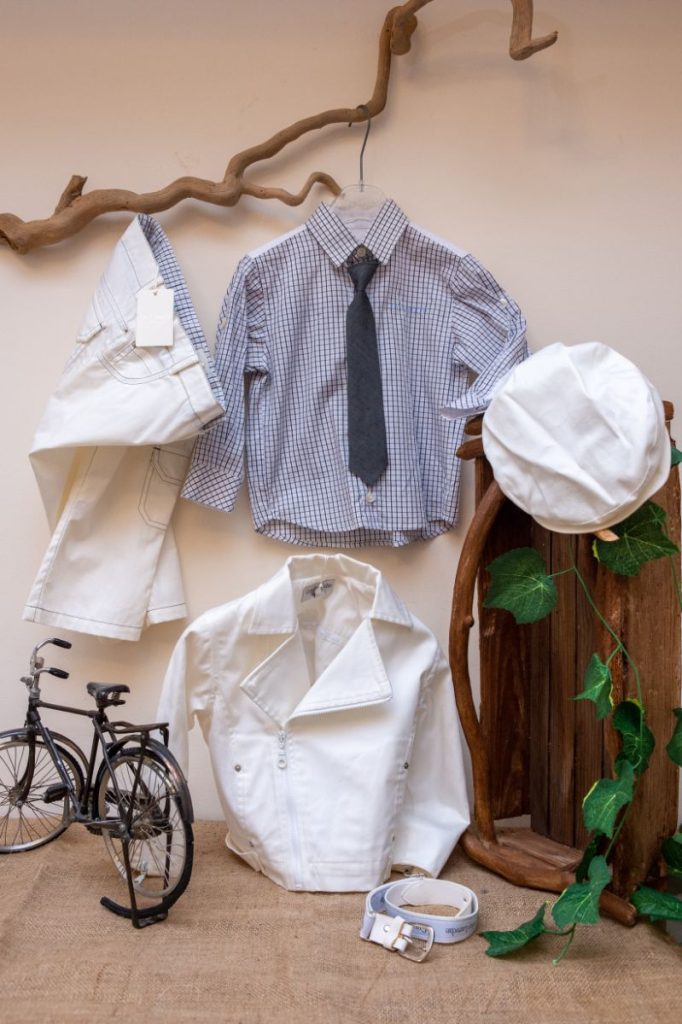 Elegant and modern christening set GuyLaroche from white pants