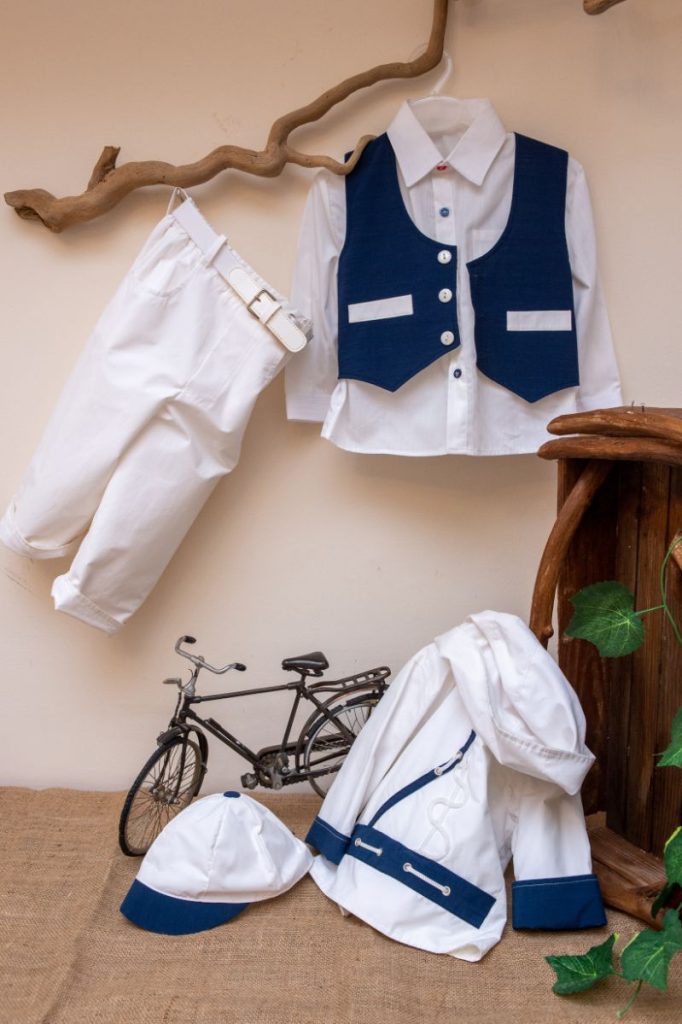 Elegant and modern christening set from white pants