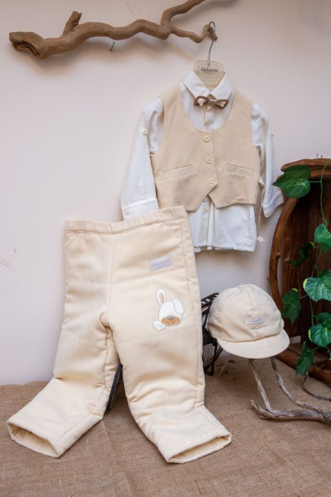 Elegant and modern christening set GuyLaroche from beige pants