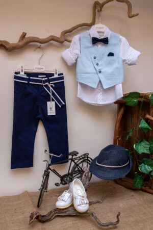Elegant and modern christening set AslanisBaby made of blue fabric pants