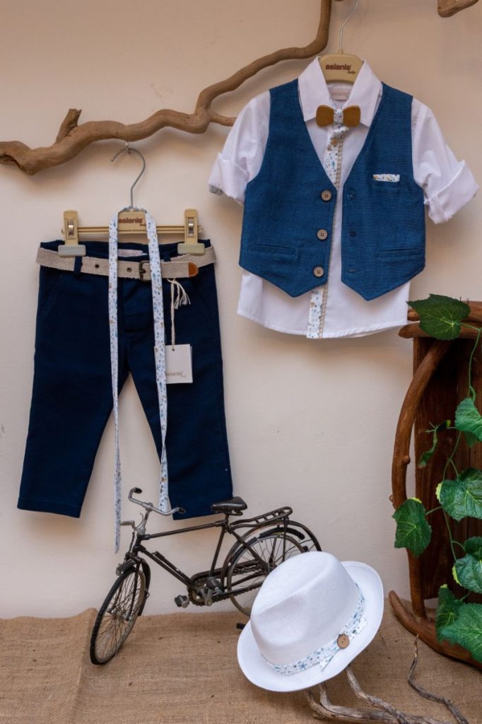 Elegant and modern christening set AslanisBaby made of blue fabric pants