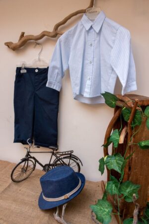 Elegant and modern christening set made of blue fabric pants