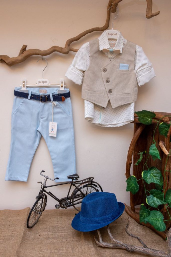 Elegant and modern christening set AslanisBaby made of light blue fabric pants