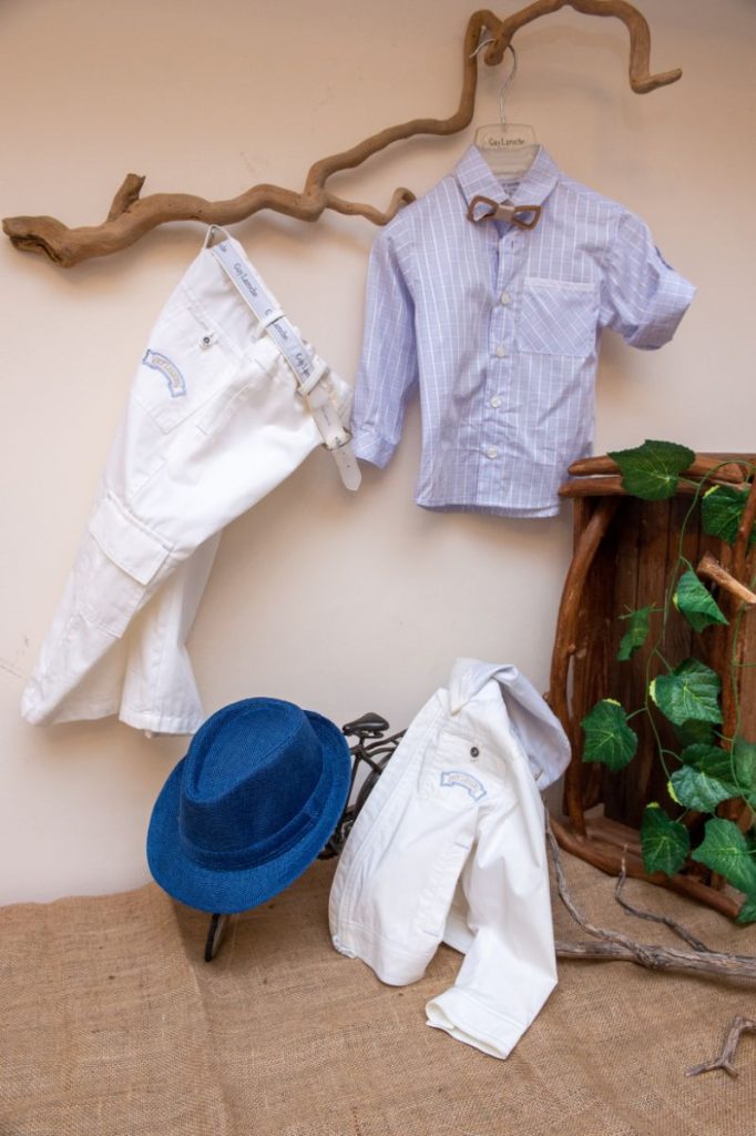 Elegant and modern christening set GuyLaroche from white pants