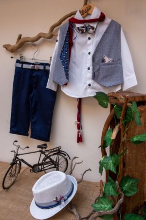 Elegant and modern christening set Byerofili from blue pants